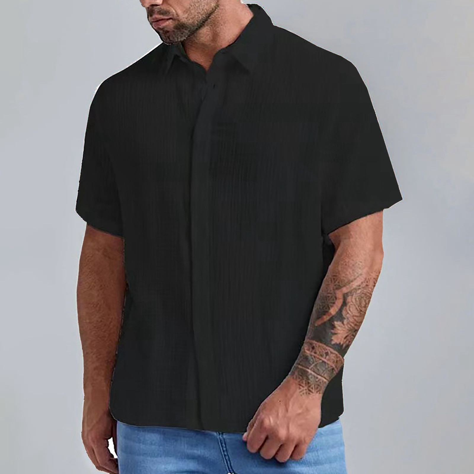 thumbnail image 3 of Camisa de manga corta con cuello cubano para hombre - Camisa informal con botones para bodas en la playa - Ropa de verano, 3 of 5